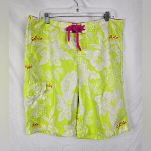 Hollister Board Shorts Lime Green Floral Hawaiian Sporty Swim Shorts sz XL